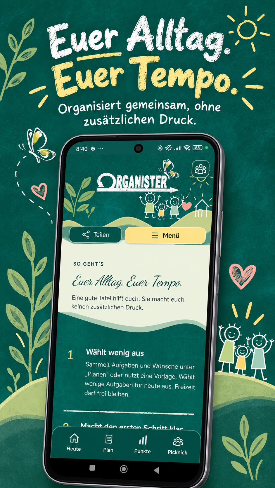 Die Einführung erklärt, wie ihr gemeinsam mit wenigen Aufgaben beginnt.