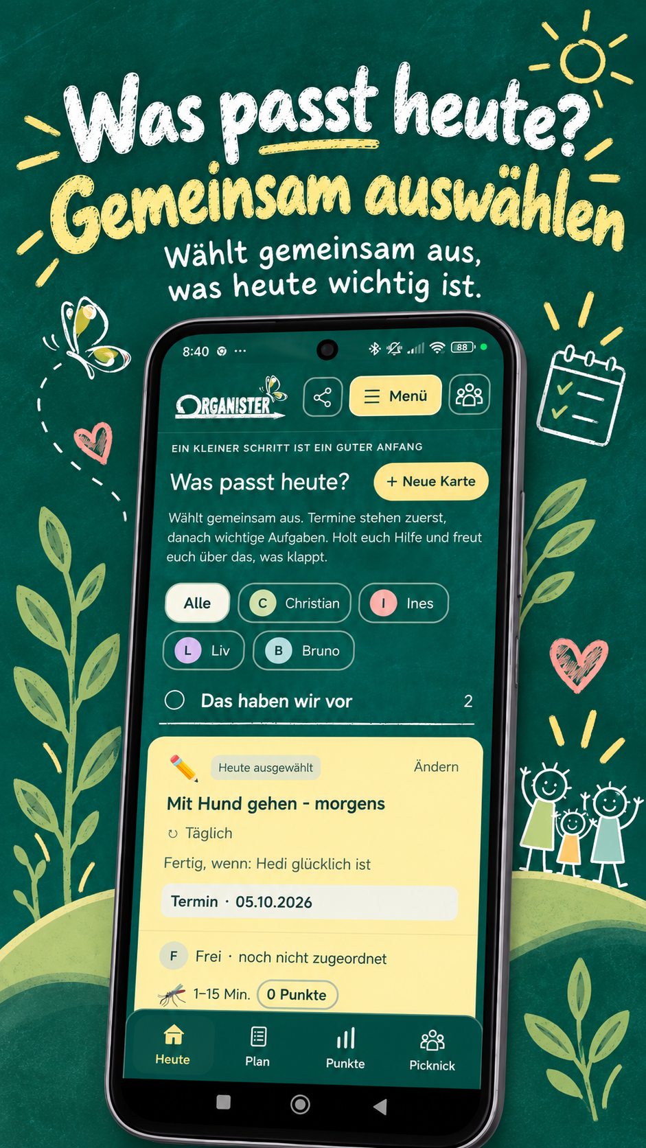 Die Heute-Ansicht zeigt Aufgaben, Termine und die Auswahl der Familienmitglieder.