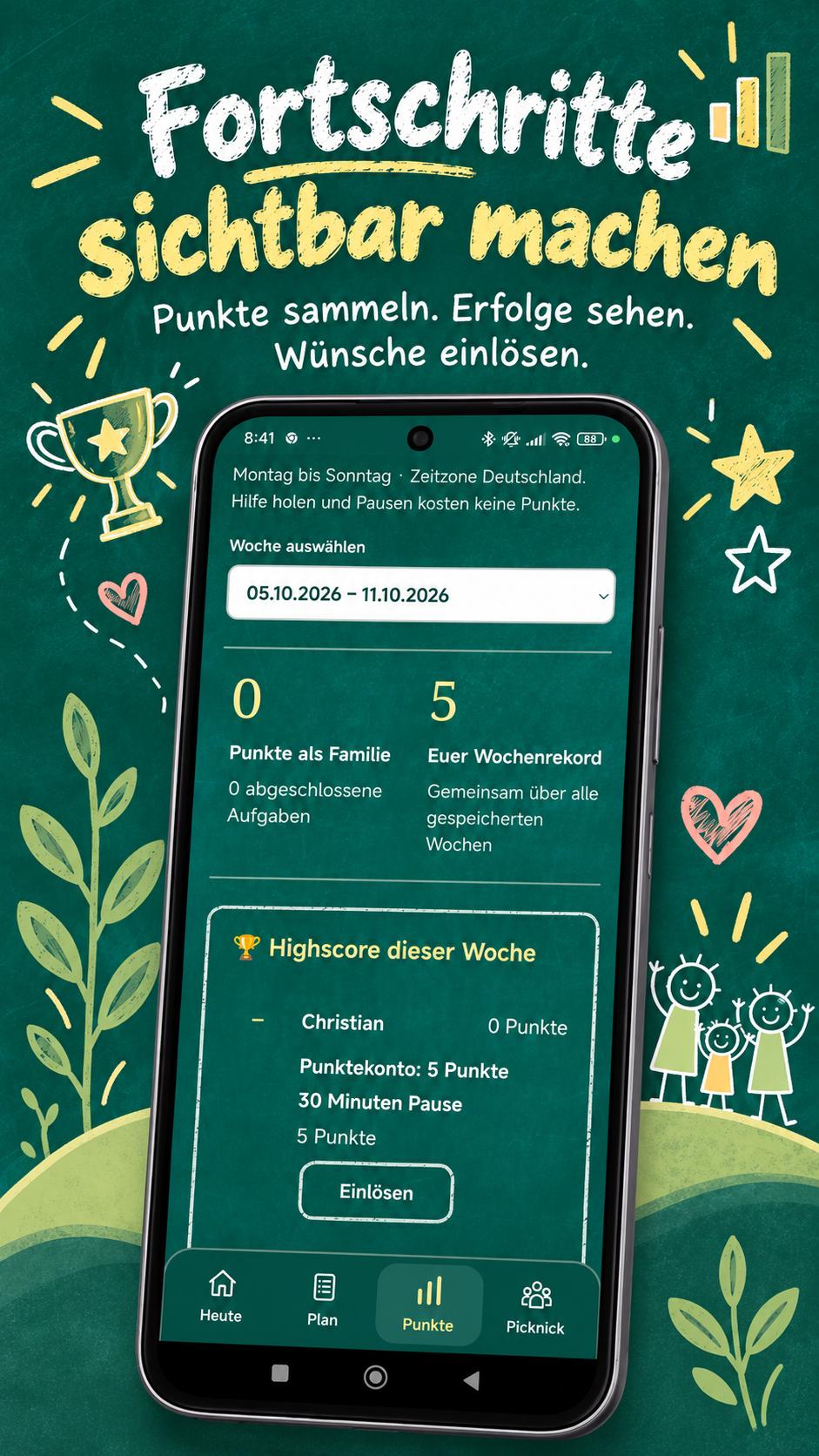 Die Wochenwertung zeigt Familienpunkte, Wochenrekord und persönliches Punktekonto.